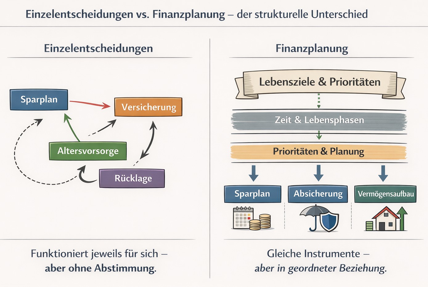 Vergleichsgrafik: Links isolierte finanzielle Einzelentscheidungen ohne Abstimmung, rechts strukturierte Finanzplanung mit klaren Lebenszielen, Prioritäten und darauf abgestimmten Finanzinstrumenten.